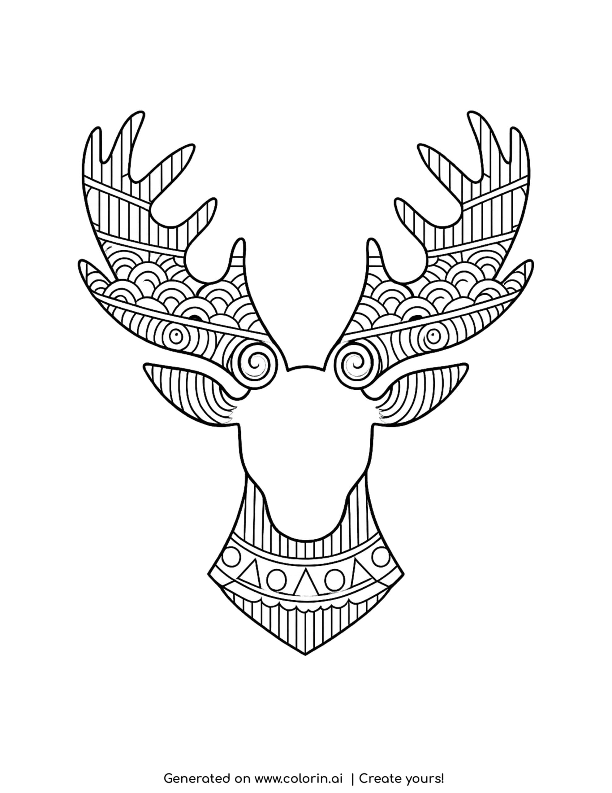 adult christmas coloring pages, a zentangle reindeer head with ornate patterned antlers and a decorated face