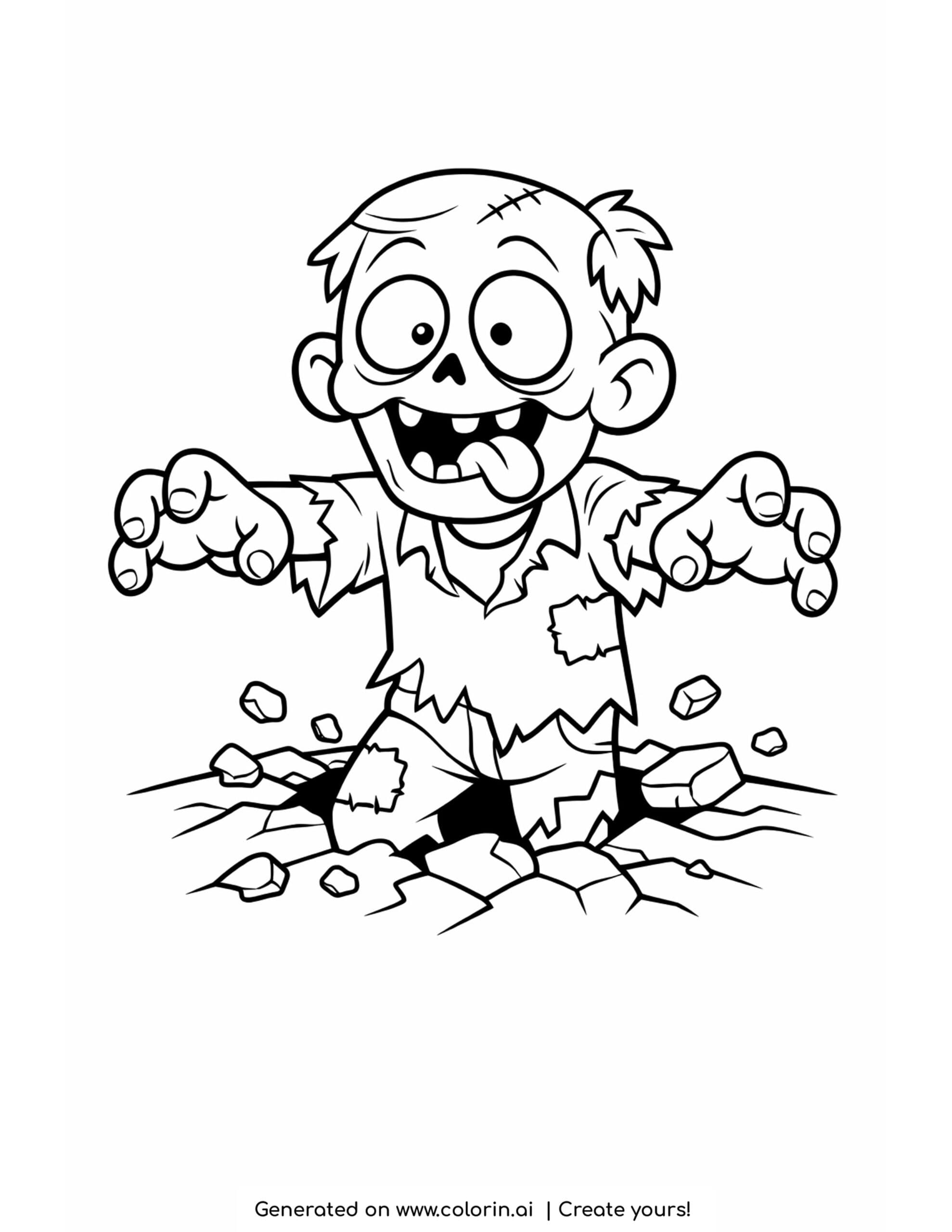zombie coloring pages, a goofy cartoon zombie rising from cracked soil with tattered clothes