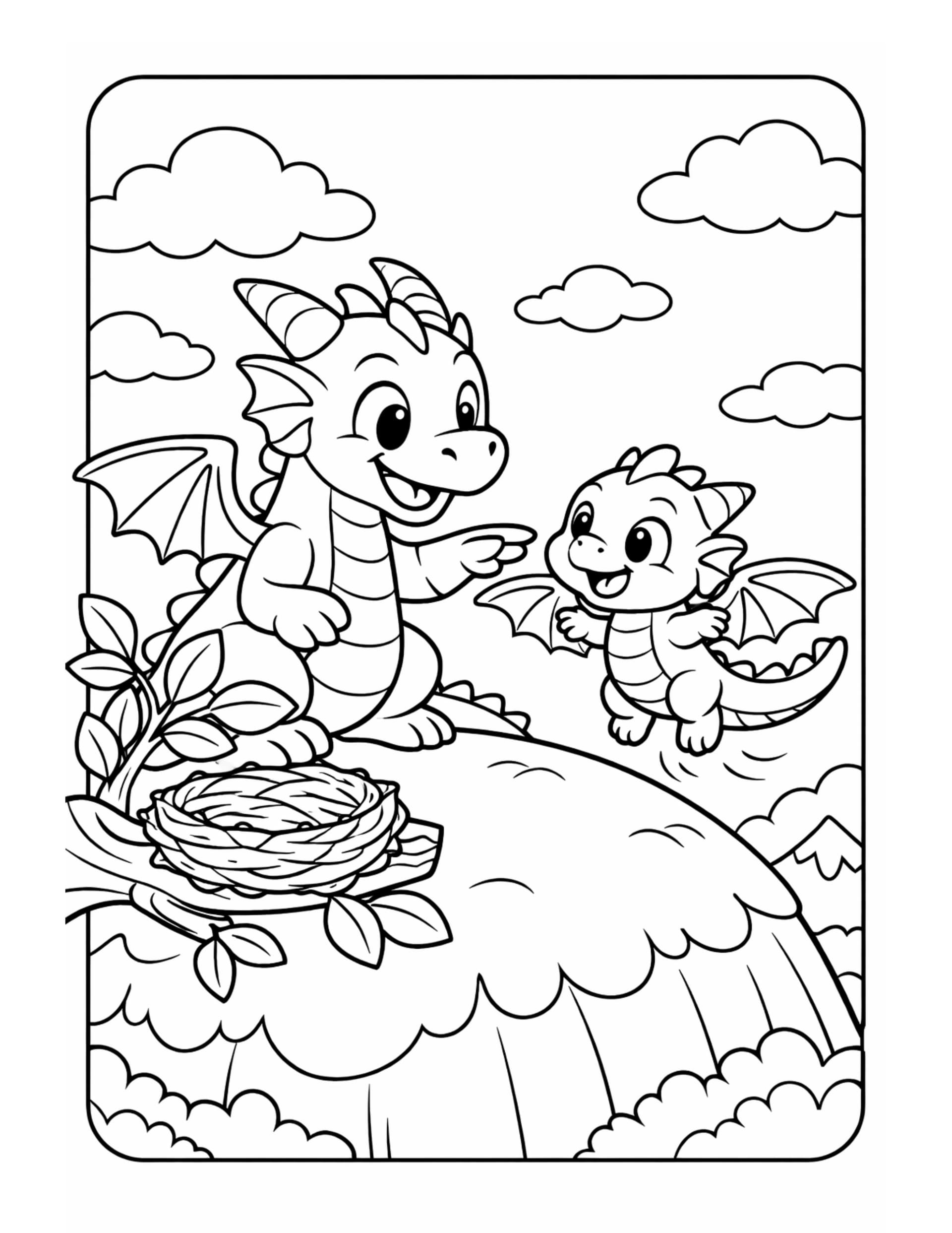 Dibujo para colorear de un dragón bebé aprendiendo a volar