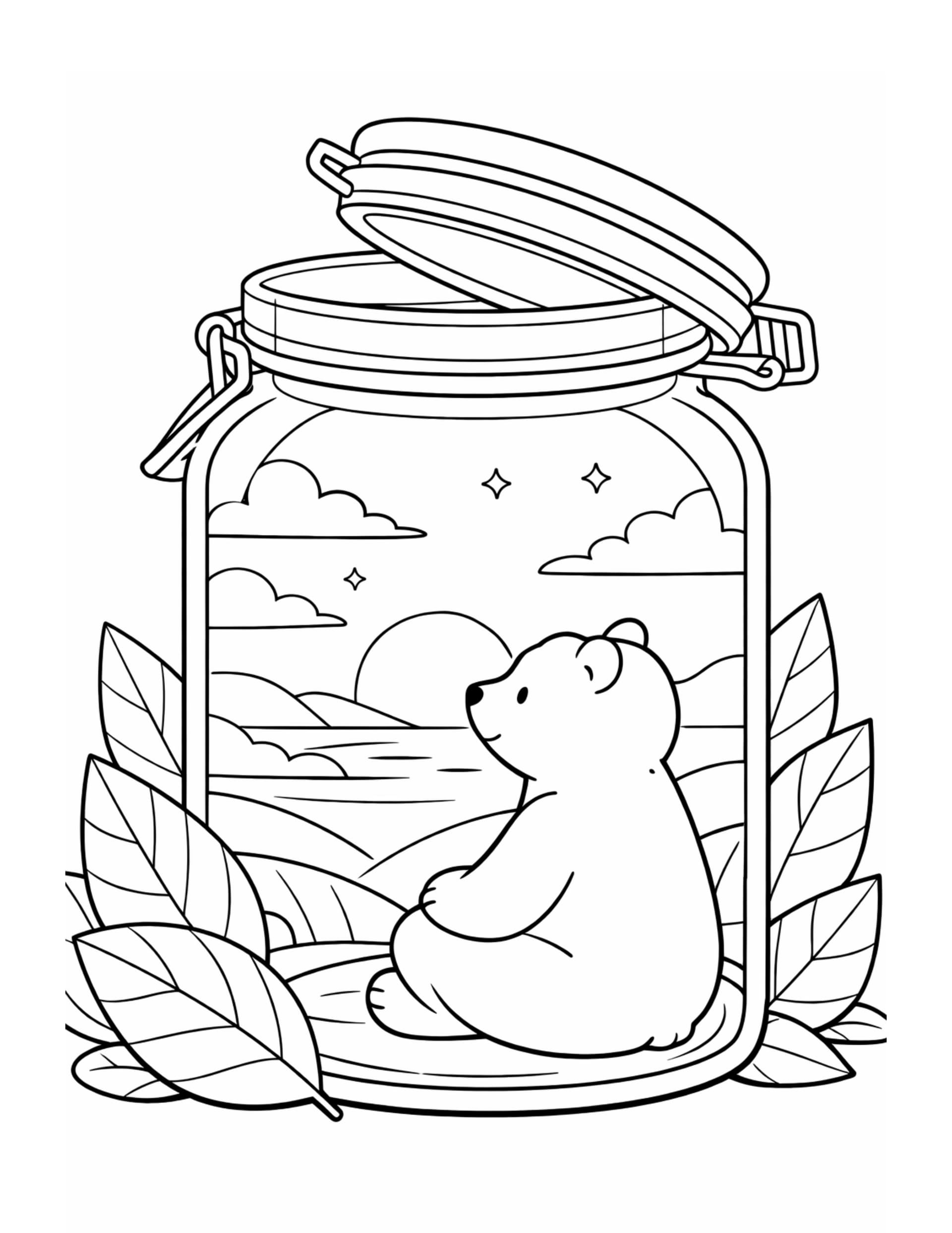 AI coloring page of a bear watching the sunset inside a jar, generated from a text prompt