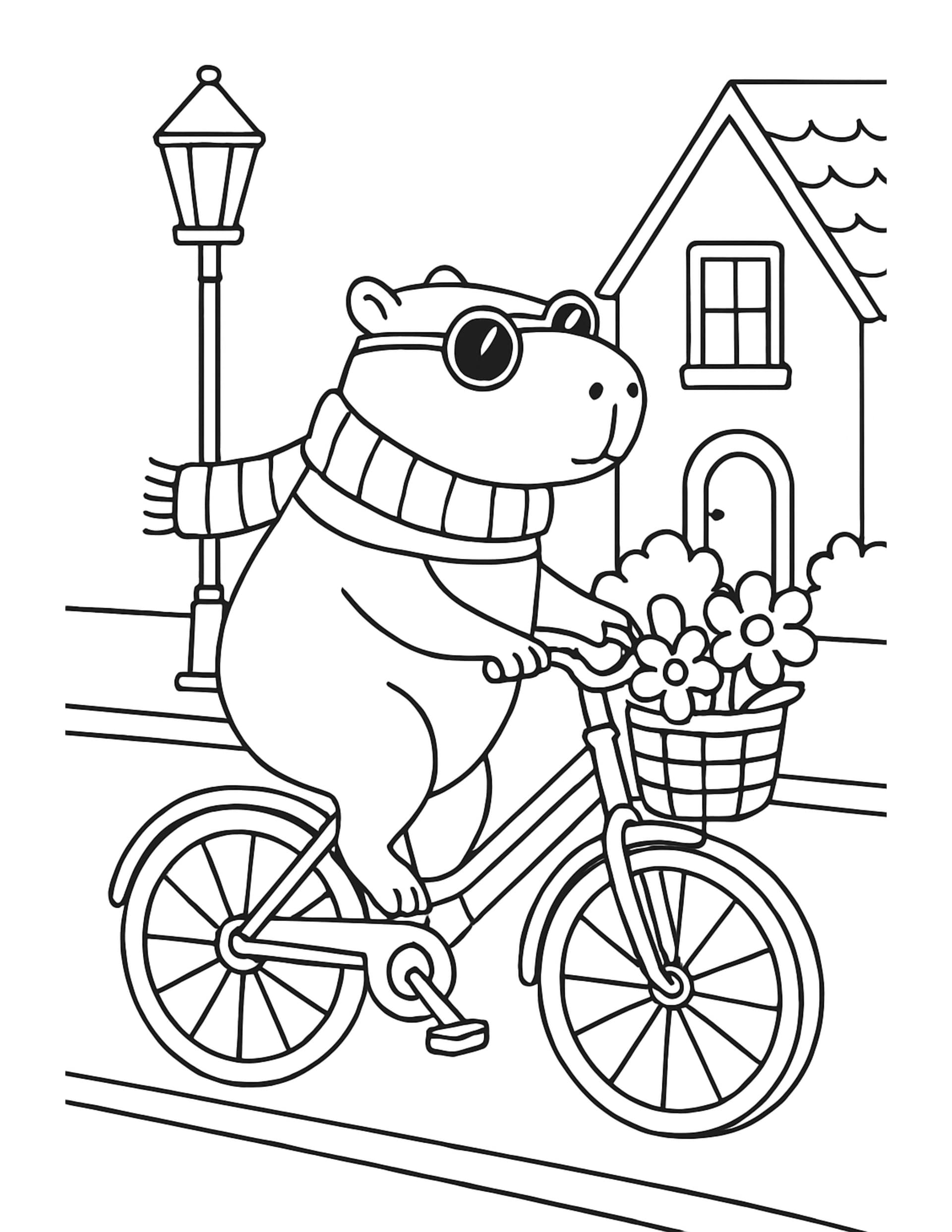 Dibujo para colorear de un capibara en bicicleta con una cesta de flores