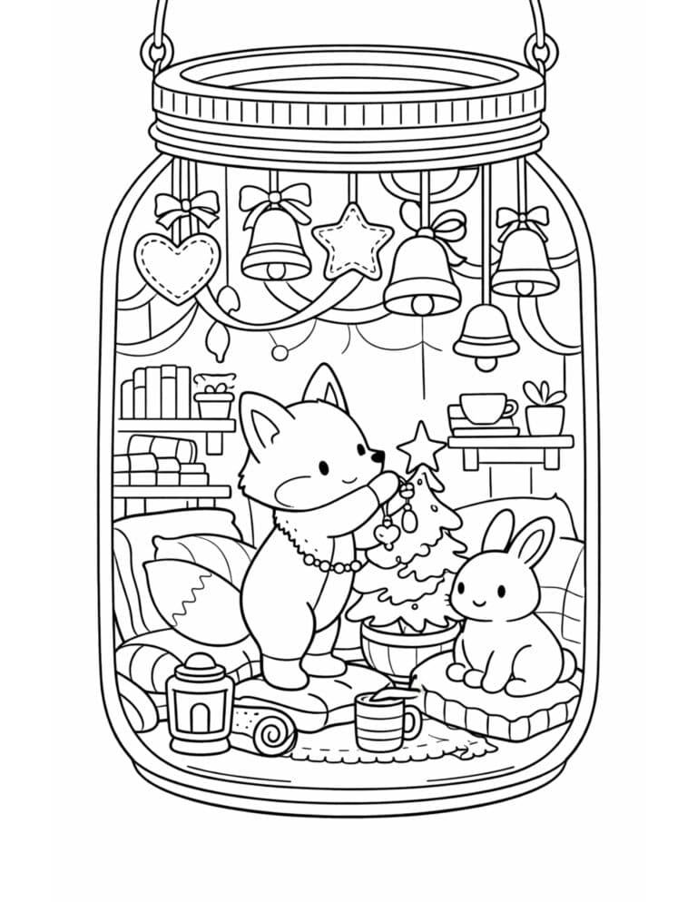 Fox decorating a tree coloring page