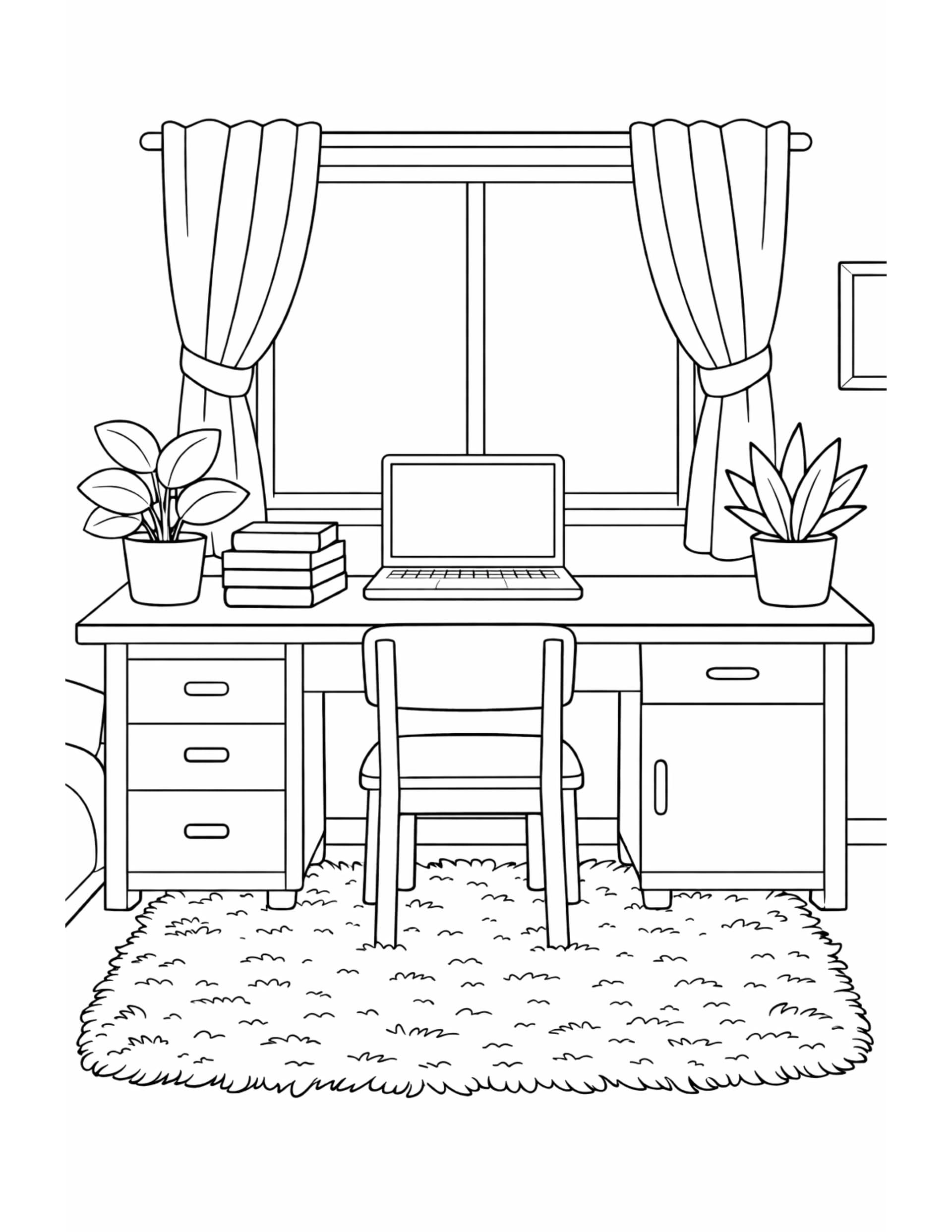 AI coloring page of a cozy home office
