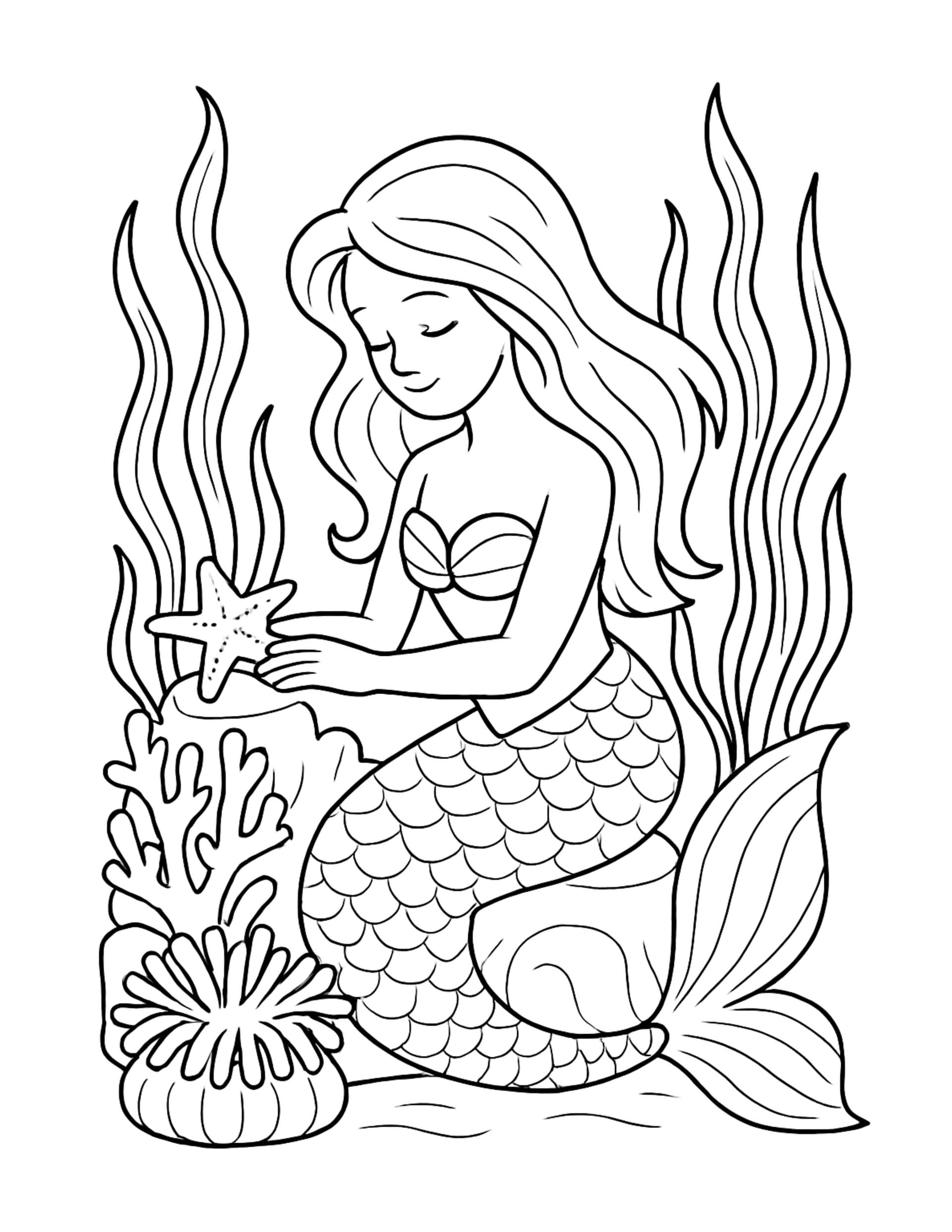 AI coloring page of a mermaid holding a starfish underwater