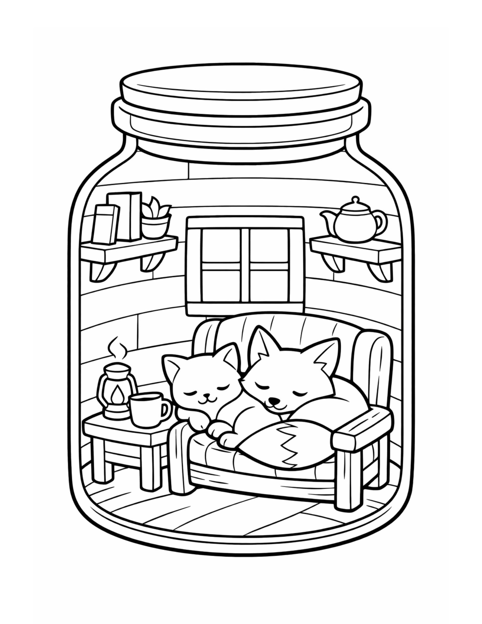 AI coloring page of two foxes sleeping