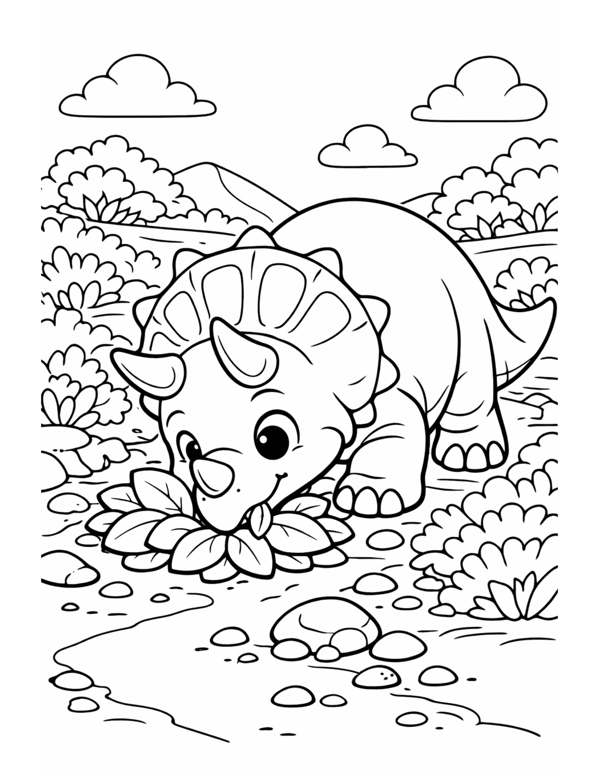 AI coloring page of a baby triceratops sniffing a plant