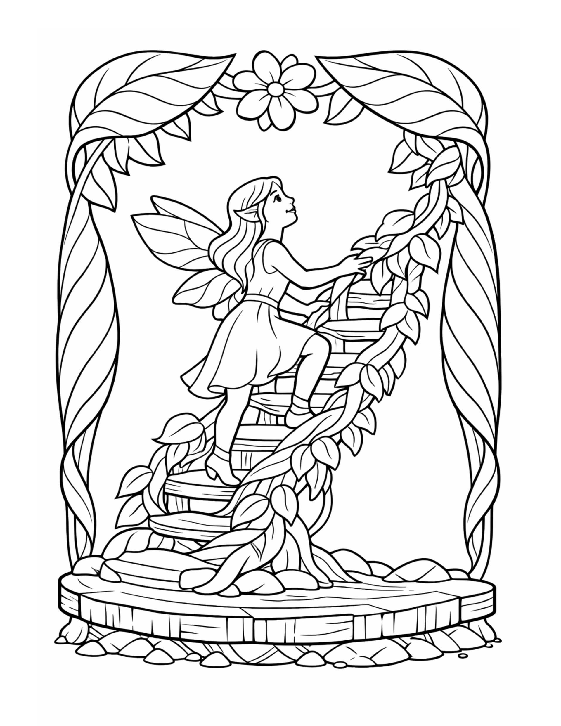 AI coloring page of a fairy climbing a vine staircase