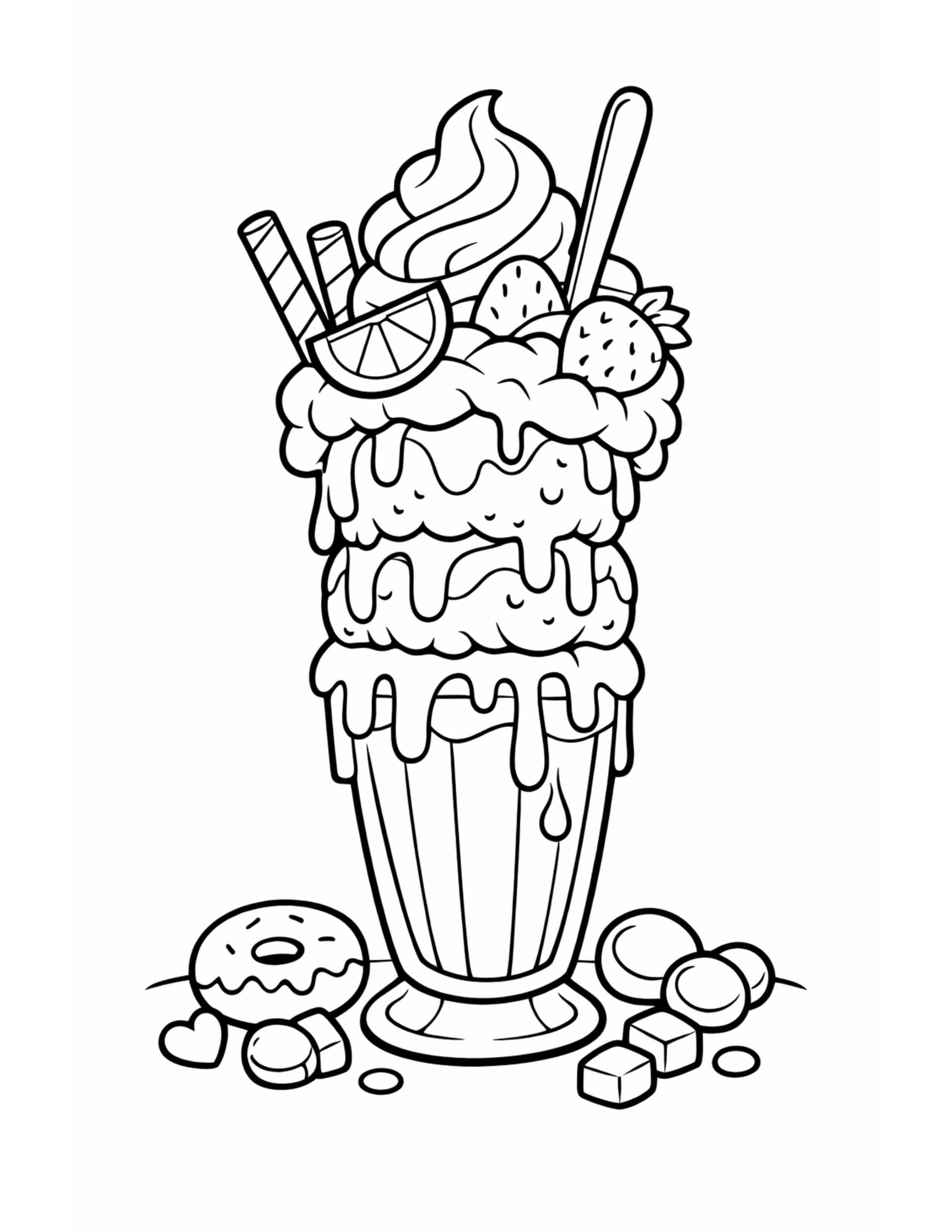 AI coloring page of a tall strawberry sundae