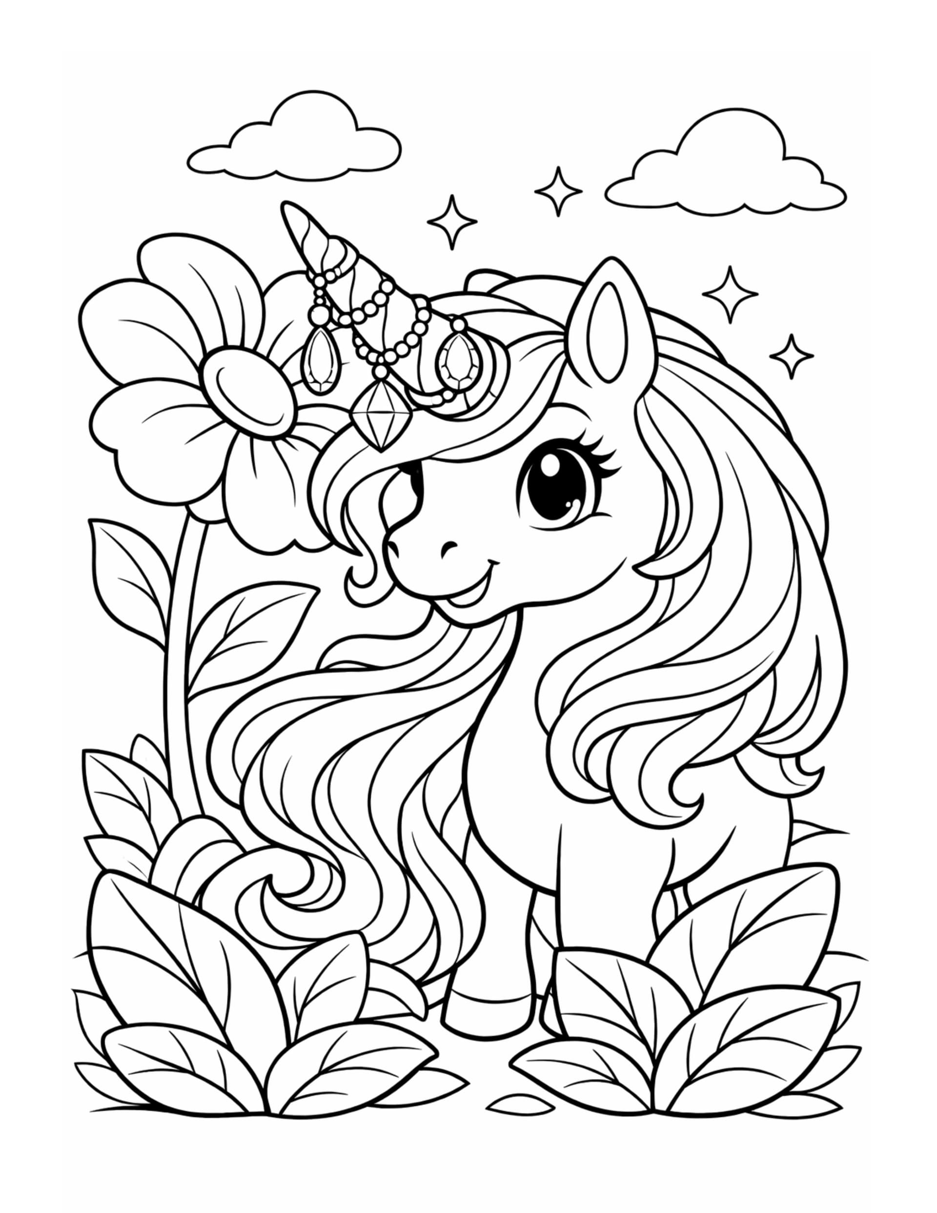 Dibujo para colorear de un unicornio junto a una flor