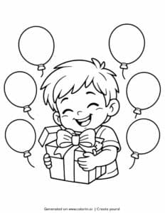 Boy hugging a gift coloring page