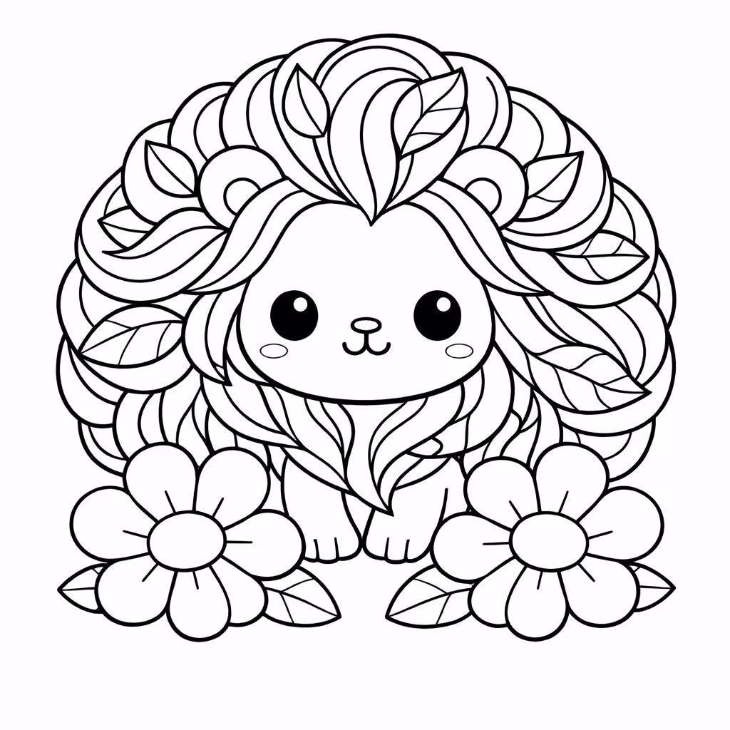 Lion coloring page in Kawaii style, cute and sweet with rounded shapes