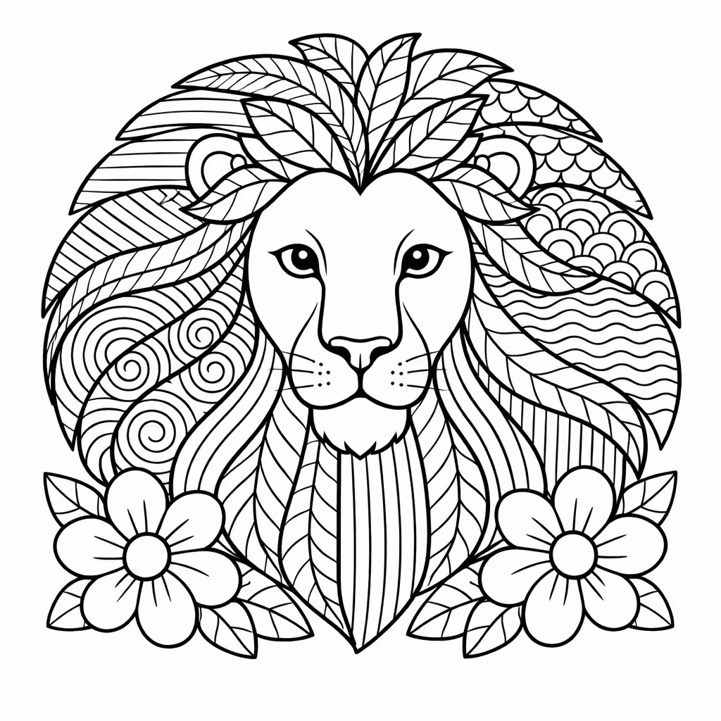 Lion coloring page in Zentangle style, structured repeating patterns