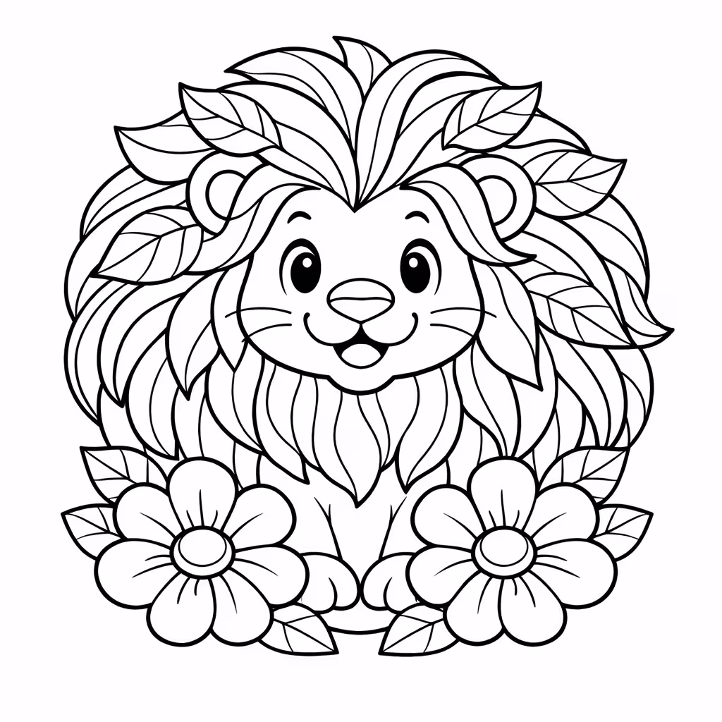 Lion coloring page in Cartoon style, fun and playful with bold lines