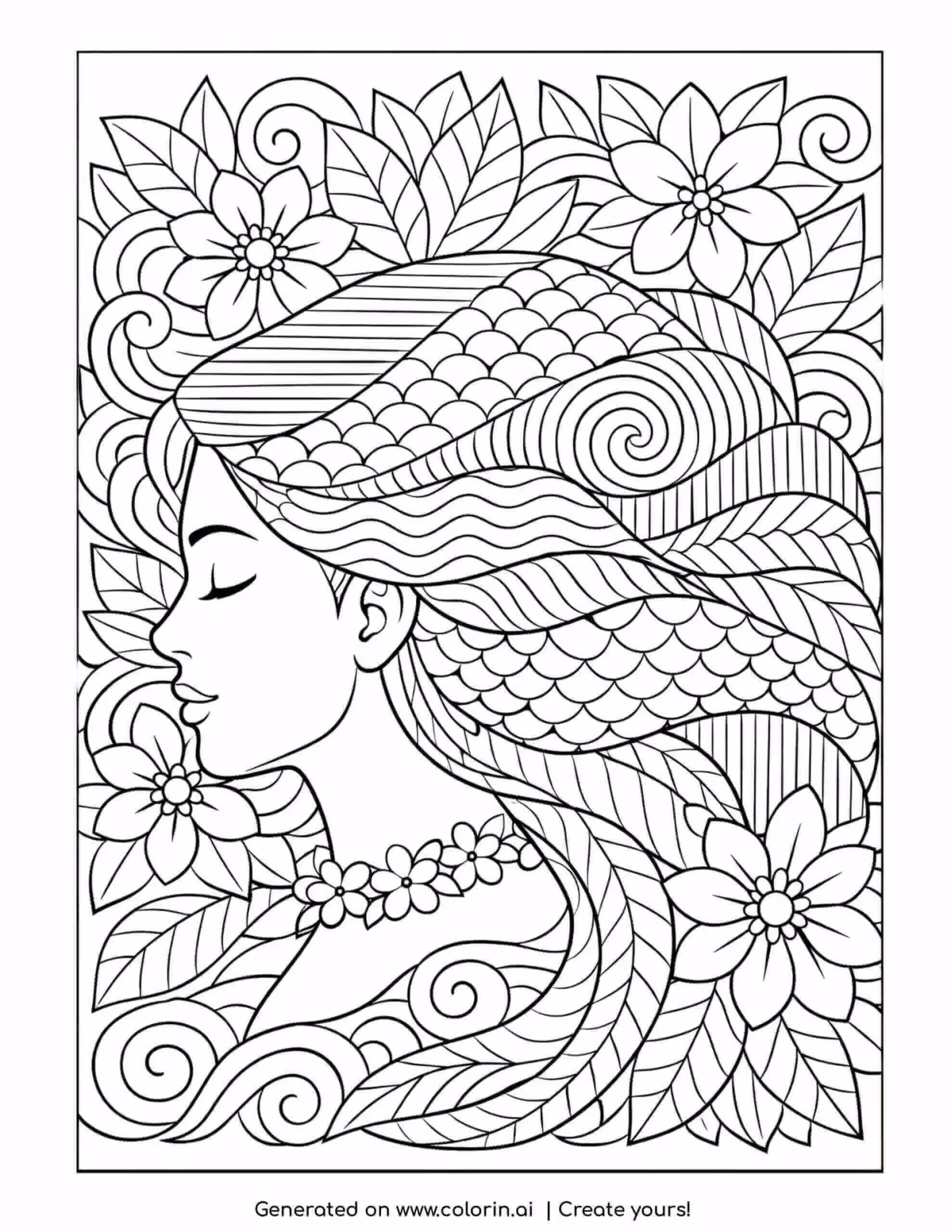 Generated coloring page of a serene woman with floral hair