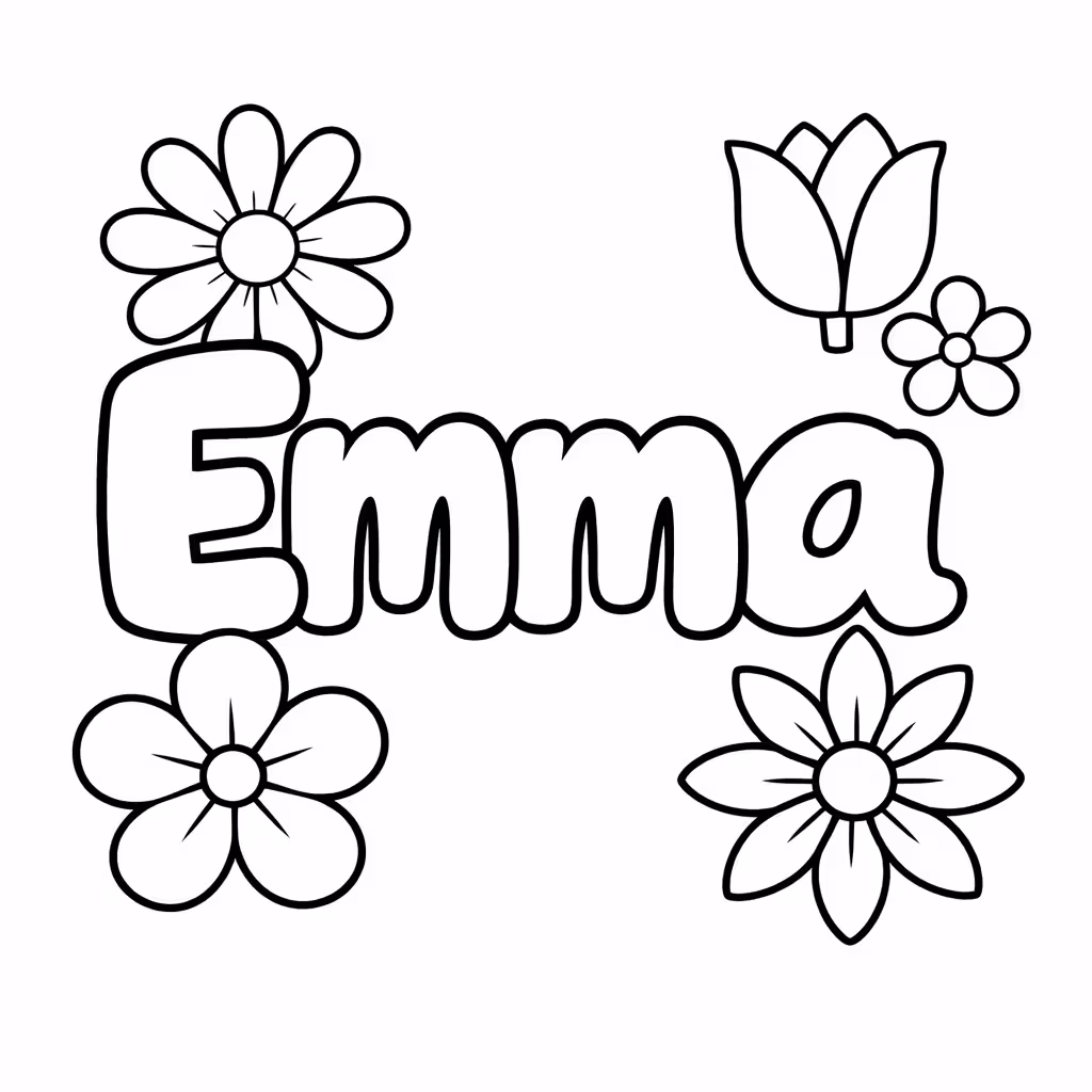 Name coloring page of the name Emma in decorative bubble letters, ready to print and color