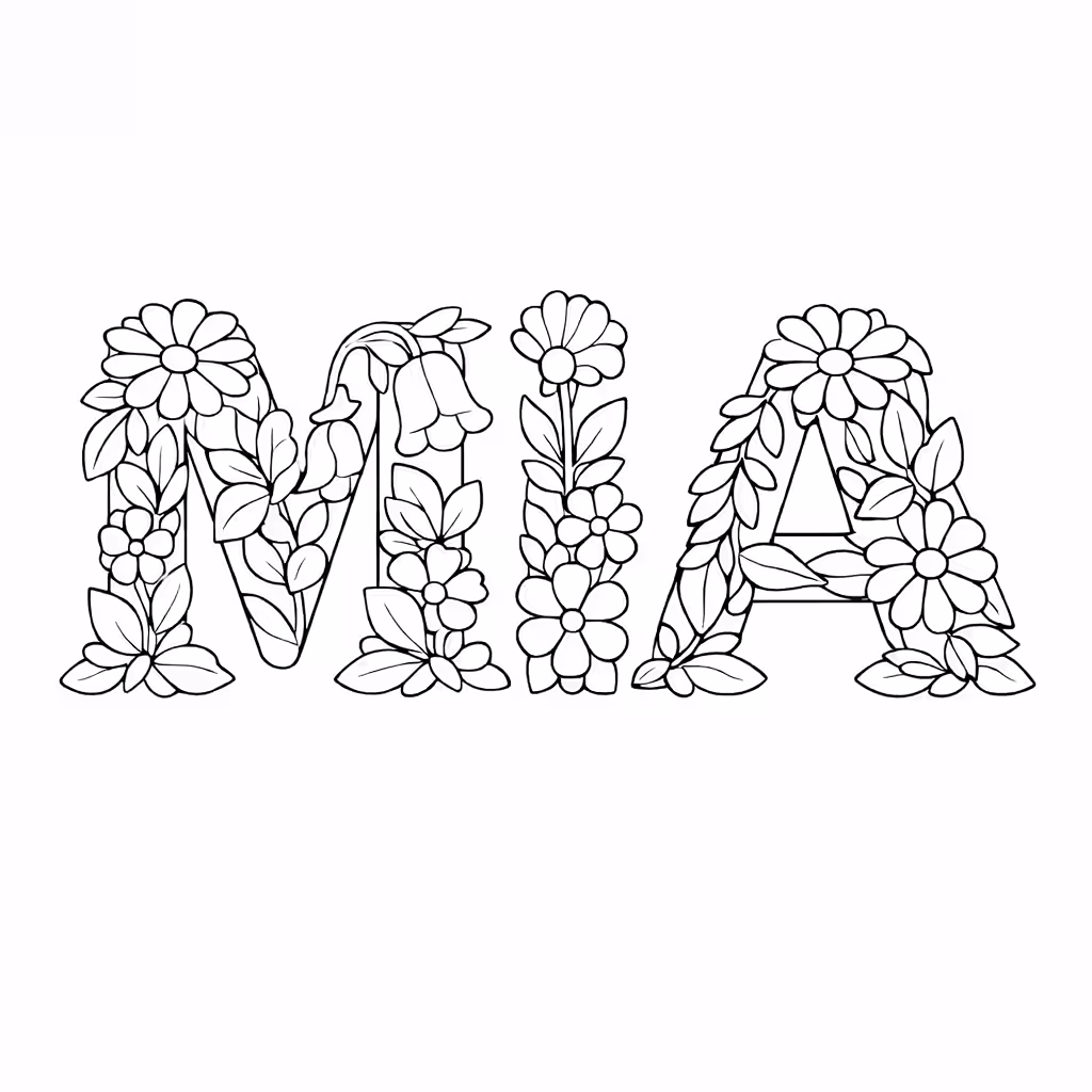 The name Mia as a coloring page in floral letters made of flowers and vines