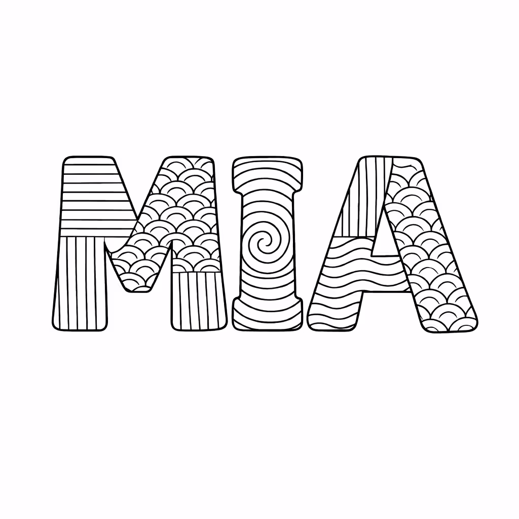 The name Mia as a coloring page in zentangle-pattern letters