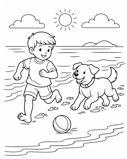 Boy running along the beach with his dog coloring page