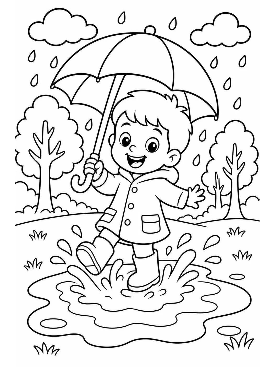 Cartoon coloring page of a boy with an umbrella splashing in a puddle