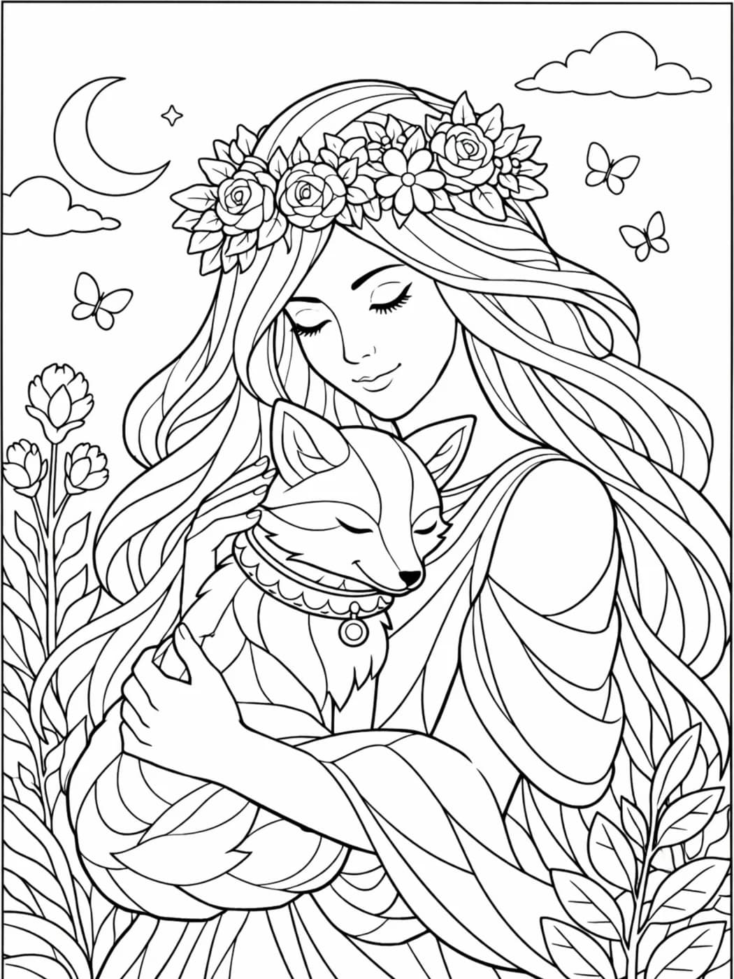 Intricate coloring page of a goddess holding a sleeping fox under a crescent moon