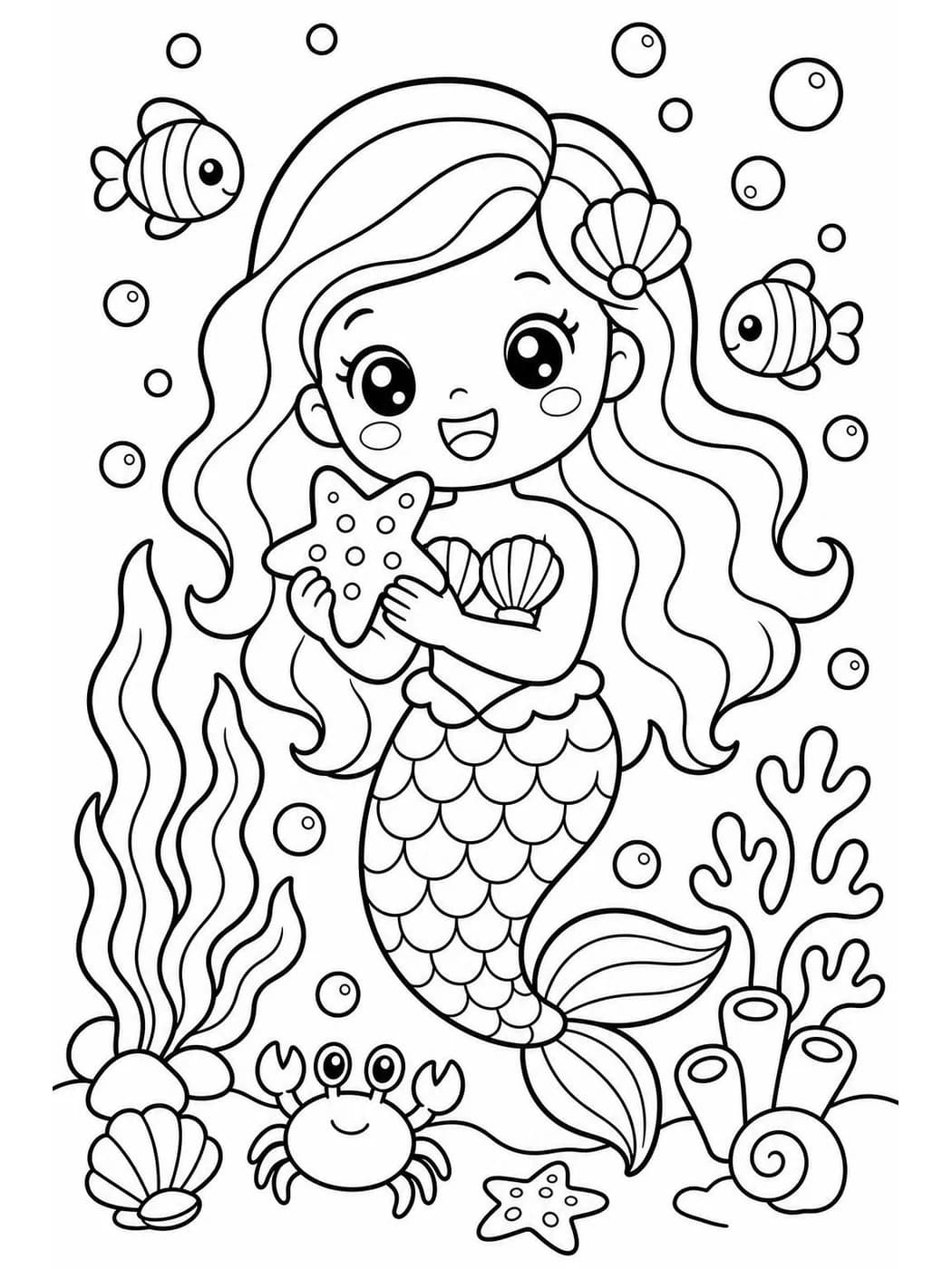Kawaii coloring page of a smiling mermaid holding a starfish underwater