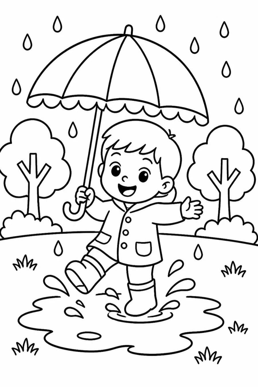 Coloring page of a boy splashing in a puddle, standard quality