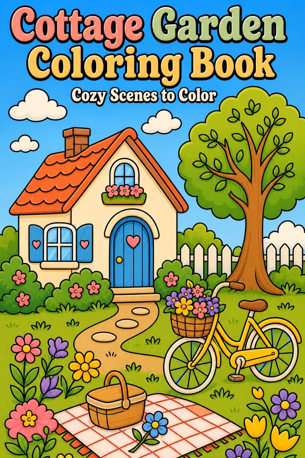 AI book cover front with the title Cottage Garden Coloring Book and the subtitle Cozy Scenes to Color, with a cottage, a flower garden and a bicycle with a basket of flowers
