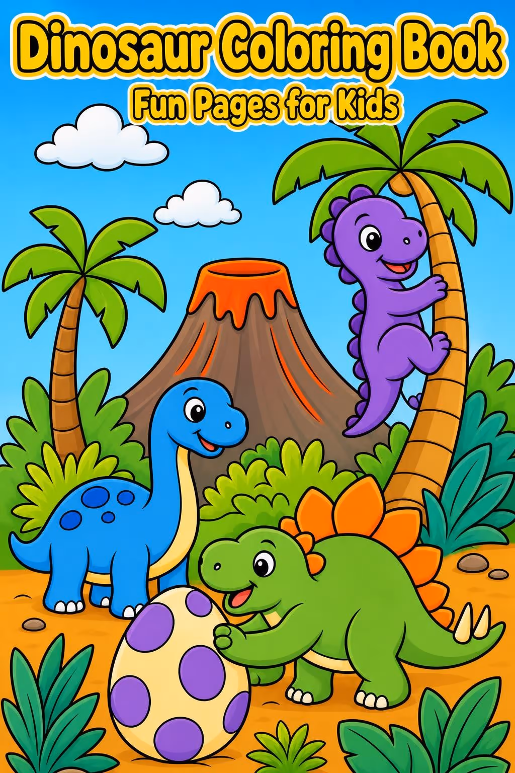 AI book cover front with the title Dinosaur Coloring Book in yellow letters and the subtitle Fun Pages for Kids over friendly dinosaurs, a spotted egg, palm trees and a volcano