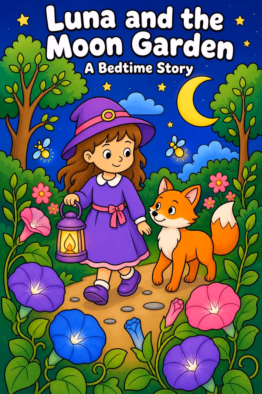 Kids book cover front with the title Luna and the Moon Garden and the subtitle A Bedtime Story, with a girl holding a lantern next to a fox in a night garden