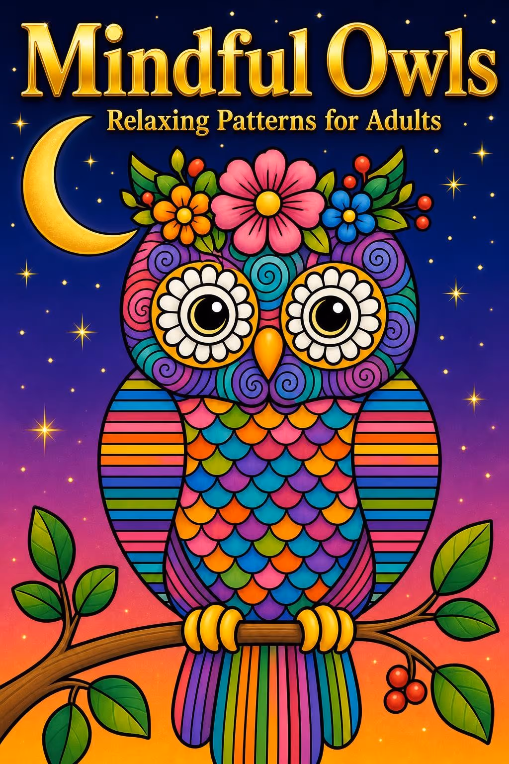 AI book cover front with the gold title Mindful Owls and the subtitle Relaxing Patterns for Adults, with a patterned owl under a crescent moon
