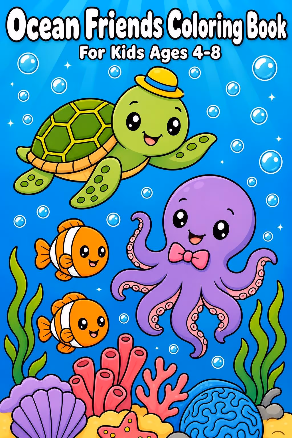 AI book cover front with the title Ocean Friends Coloring Book and the subtitle For Kids Ages 4-8, with a smiling sea turtle, an octopus and two clownfish over a coral reef