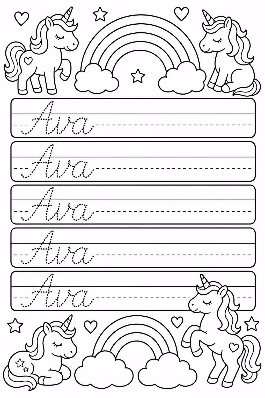 Plana de caligrafía en cursiva con el nombre Ava en cursiva ligada punteada sobre cinco renglones con la línea del medio discontinua, con unicornios y arcoíris alrededor para colorear