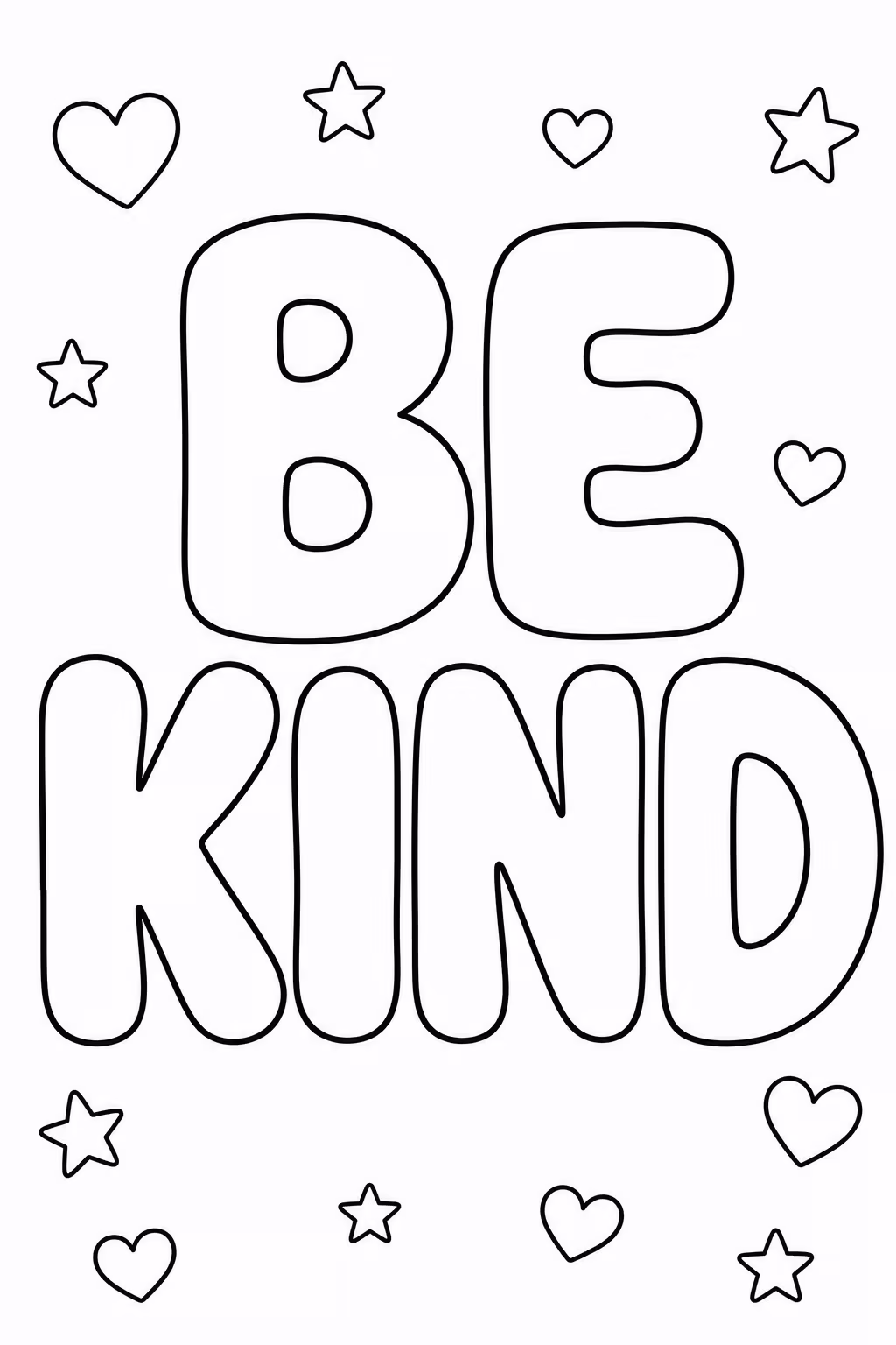 Bubble letter coloring page with the words Be Kind in big rounded outline letters, with a few hearts and stars around them to color