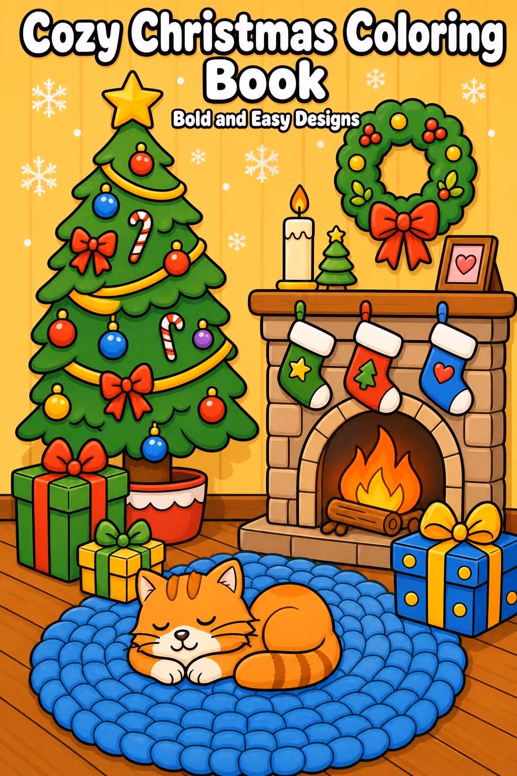 AI book cover front with the title Cozy Christmas Coloring Book and the subtitle Bold and Easy Designs over a colored Christmas living room with a tree, a fireplace and a sleeping cat