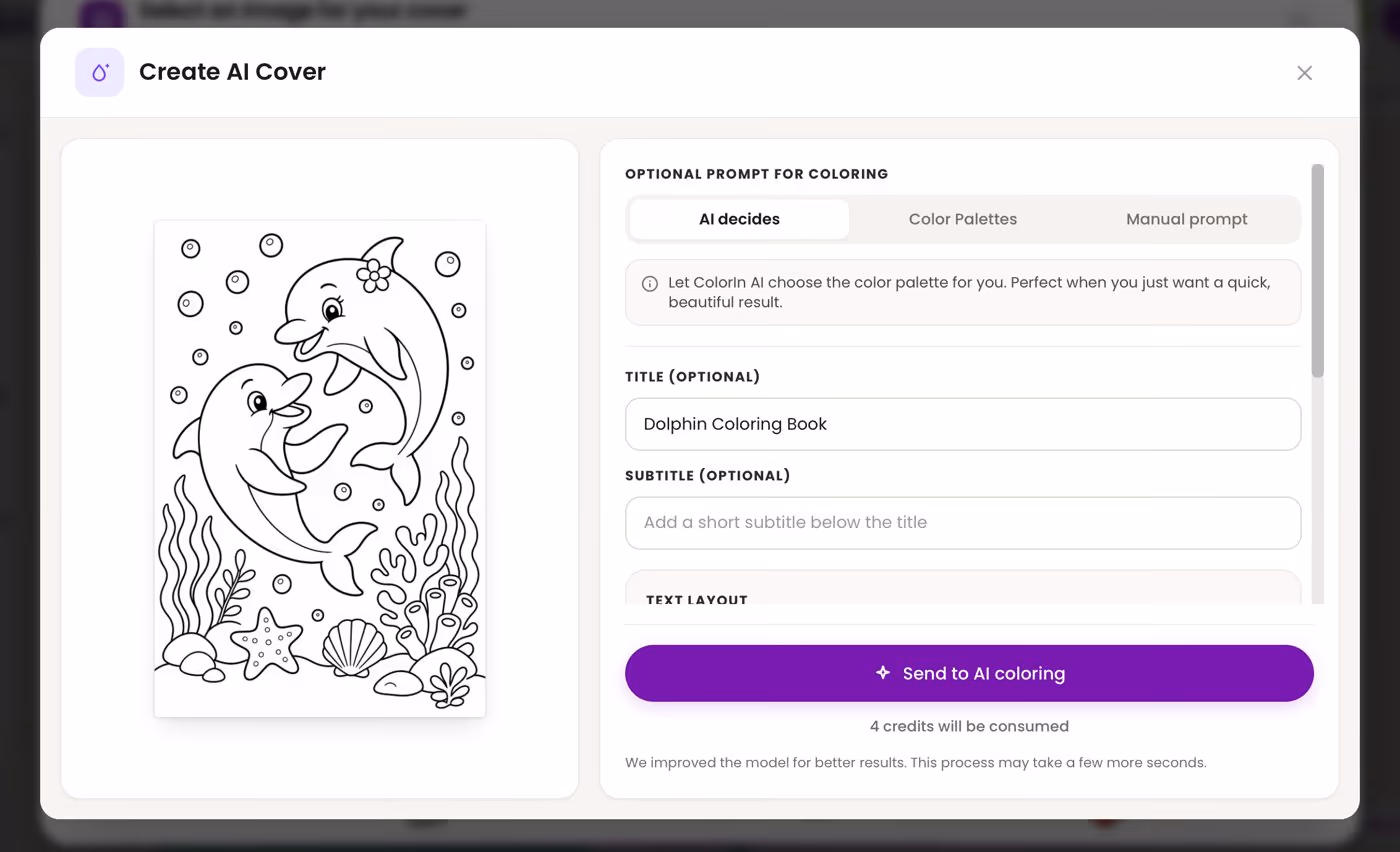 Create AI Cover window in Colorin, with a dolphin coloring page on the left and the title Dolphin Coloring Book typed in the Title field
