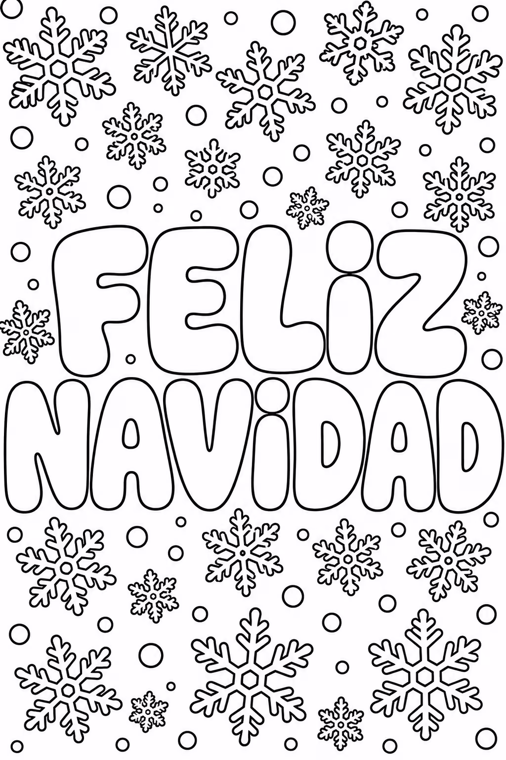 Página para colorear con las palabras Feliz Navidad en letras burbuja grandes y redondeadas, con copos de nieve alrededor