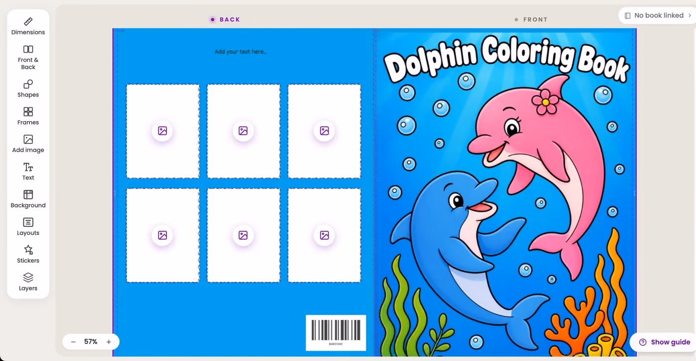 Full paperback cover in the Colorin cover editor, with the back cover on the left showing six frames for sample pages and the barcode spot, and the front with the title Dolphin Coloring Book on the right