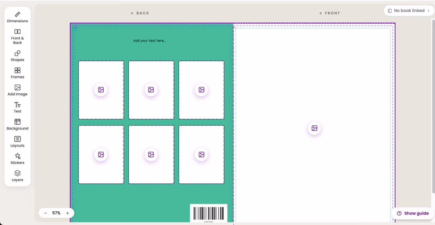 Coloring book cover template in the Colorin cover editor, with frames for sample pages on the back cover, the barcode spot and the trim lines