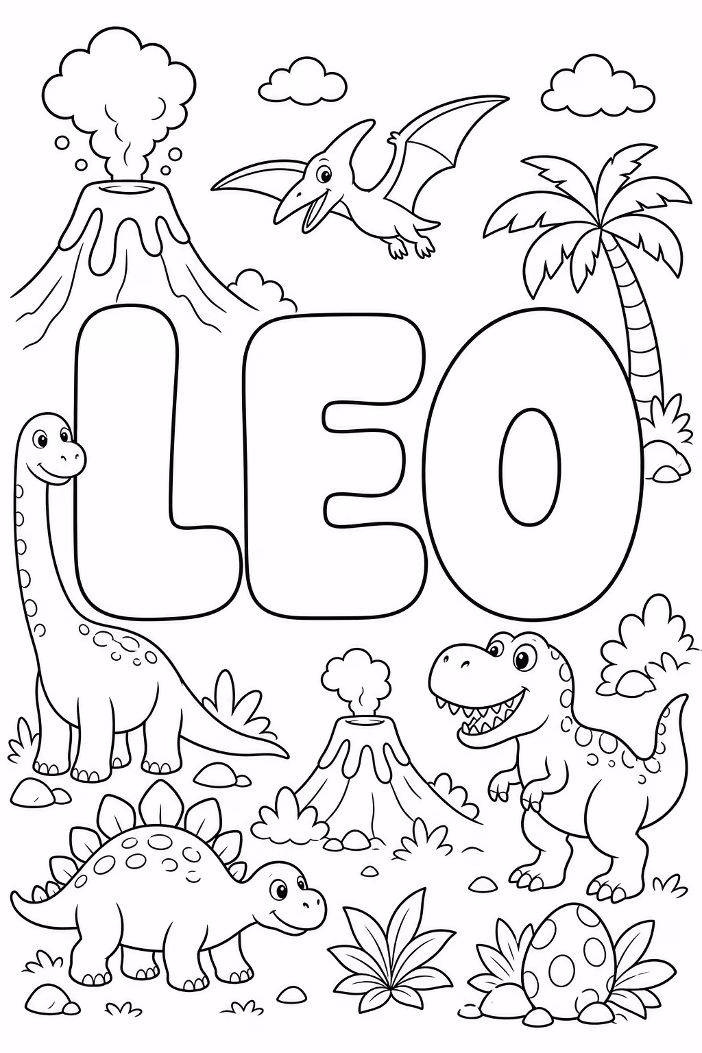 Bubble letter coloring page with the name Leo in big rounded outline letters, with dinosaurs and volcanoes around it to color