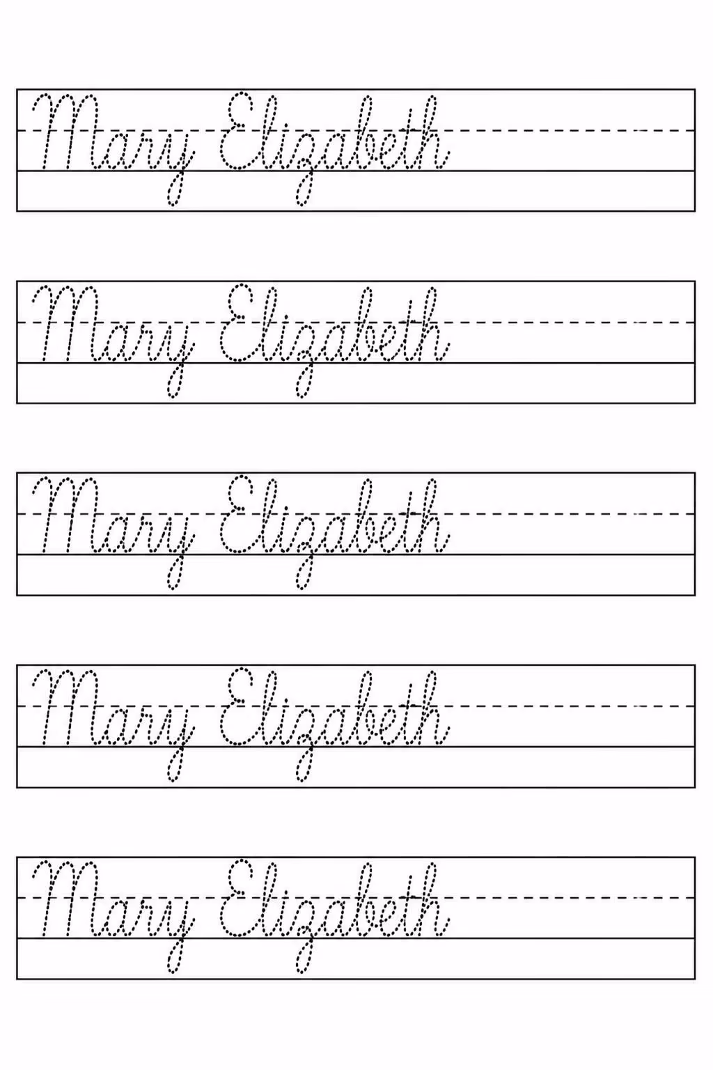 Cursive name worksheet for the name Mary Elizabeth in dotted joined cursive on five handwriting rows with a dashed midline