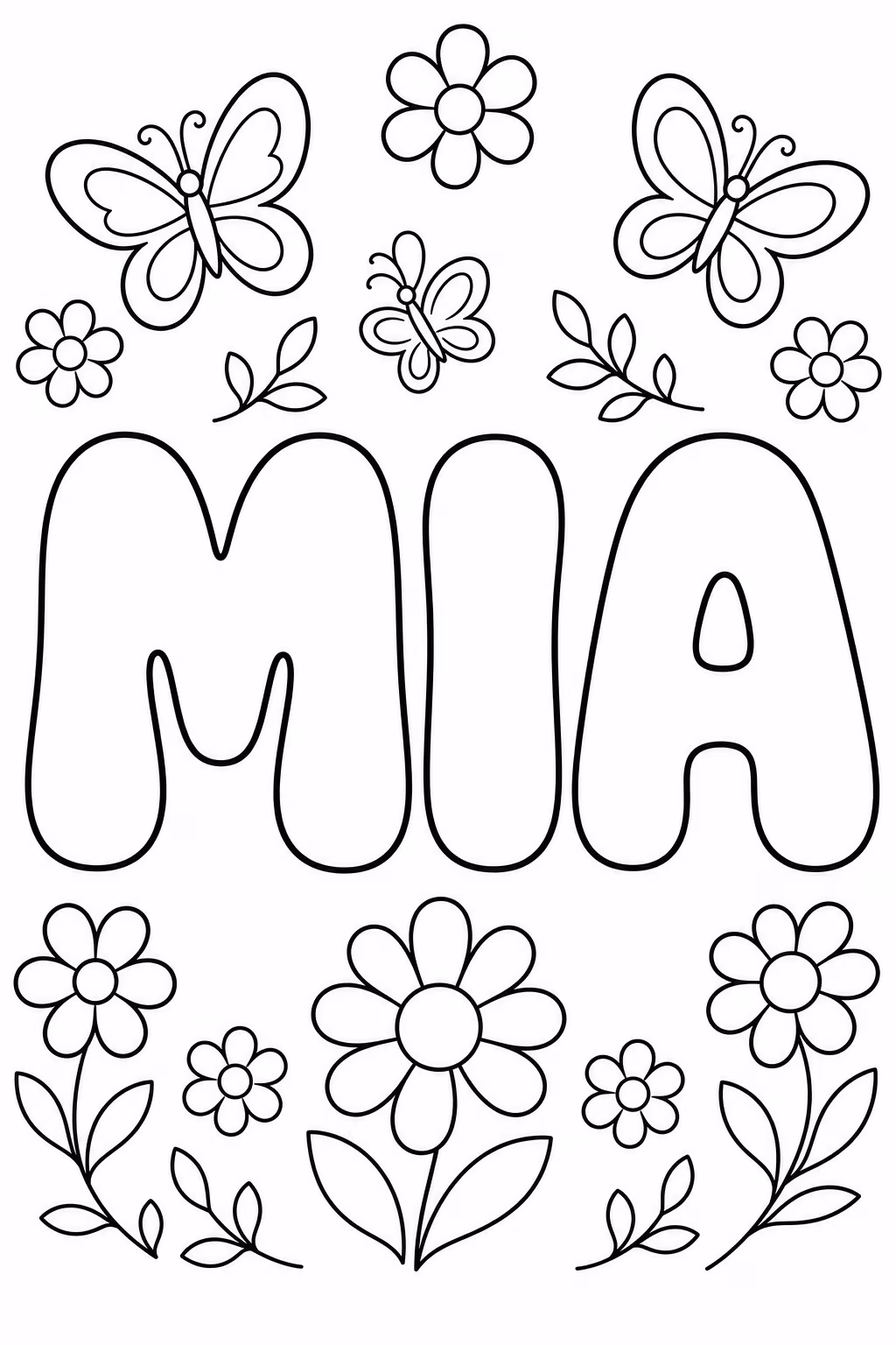 Bubble letter coloring page with the name Mia in big rounded outline letters, with butterflies and flowers around it to color