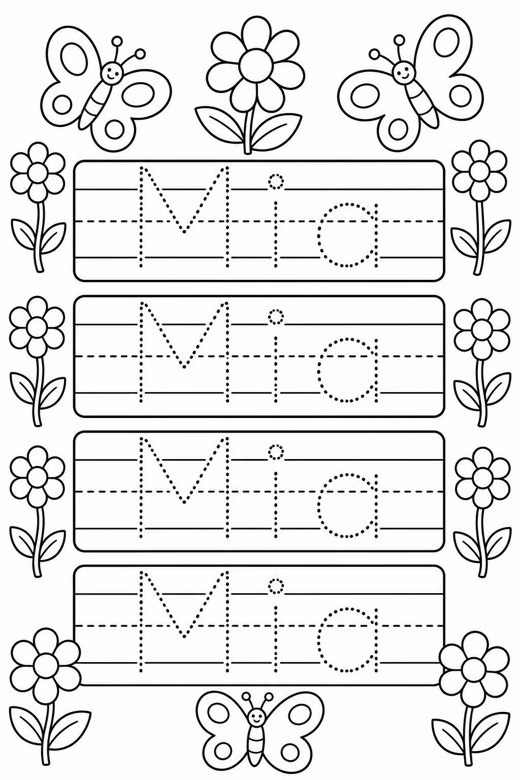 Name tracing worksheet for the name Mia in dotted print letters on four handwriting rows with a dashed midline, with butterflies and flowers around it to color