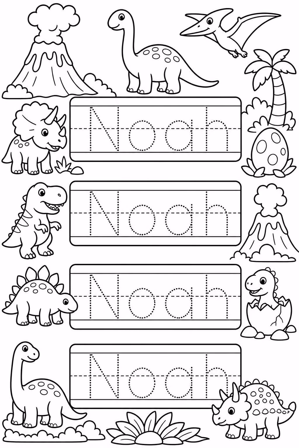 Plana de caligrafía con el nombre Noah en letra de molde punteada sobre cuatro renglones con la línea del medio discontinua, con dinosaurios y volcanes alrededor para colorear