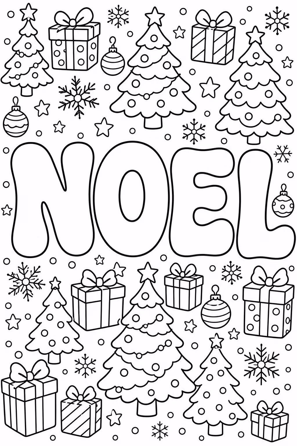 Bubble letter coloring page with the word Noel in big rounded outline letters, with Christmas trees and presents around it to color