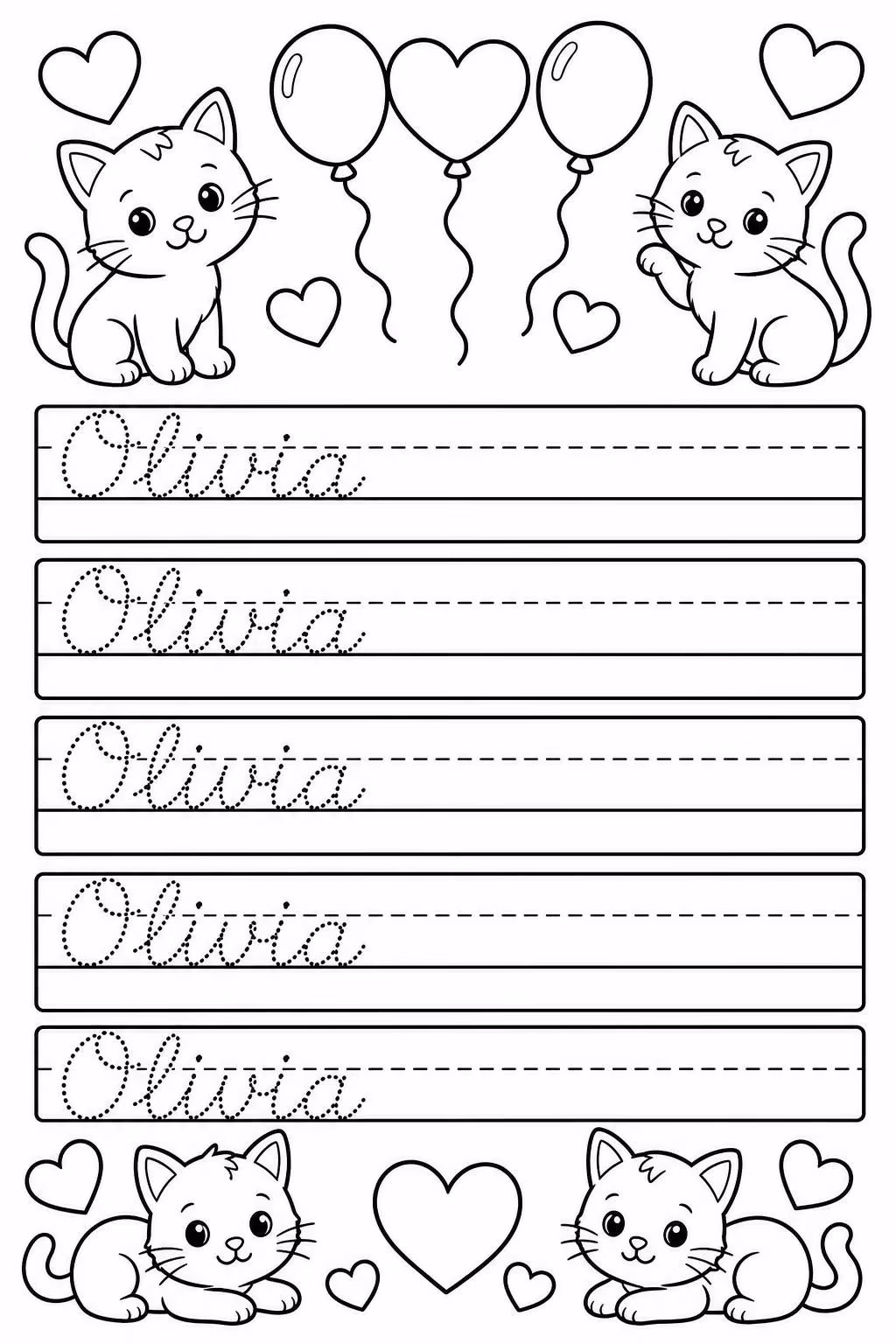 Cursive name worksheet for the name Olivia in dotted joined cursive on five handwriting rows, with kittens, balloons and hearts to color