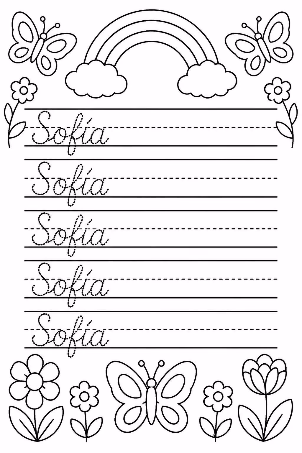 Cursive name worksheet for the name Sofía in dotted joined cursive on five handwriting rows, with butterflies, flowers and a rainbow to color