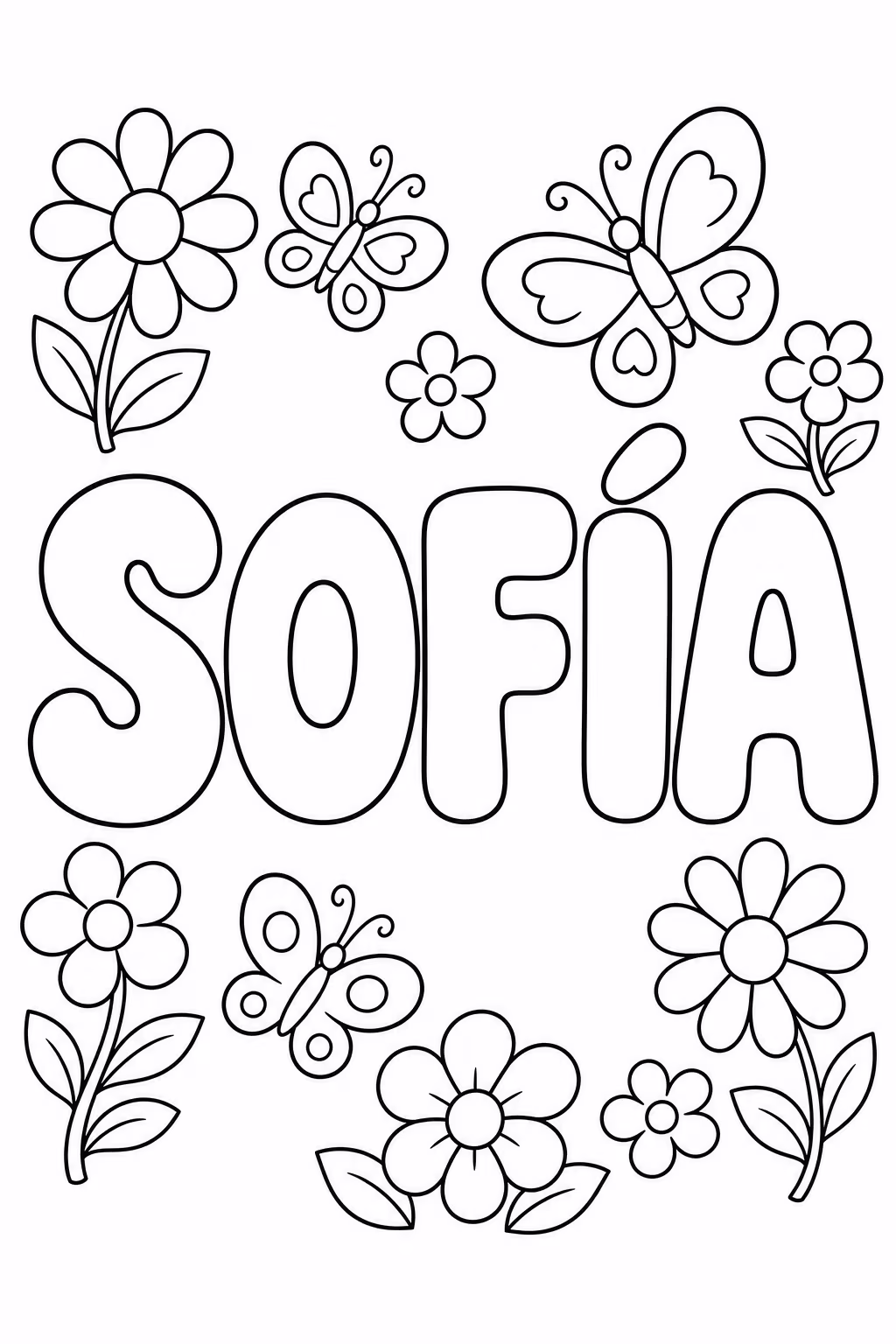 Página para colorear con el nombre Sofía en letras burbuja grandes y redondeadas, con flores y mariposas alrededor