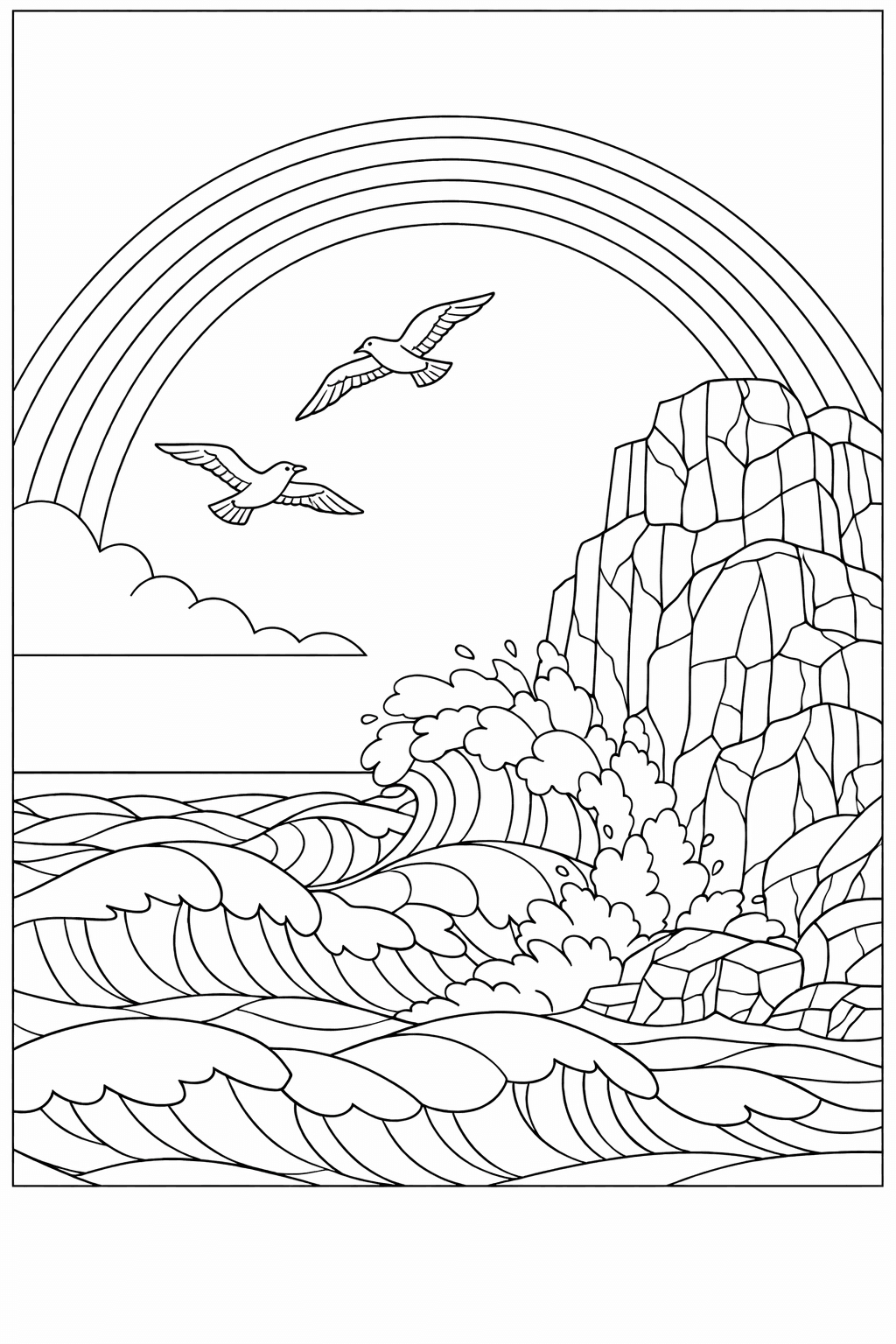 rainbow coloring pages for adults, a rainbow over detailed ocean waves crashing against a tall rocky cliff, with seabirds overhead