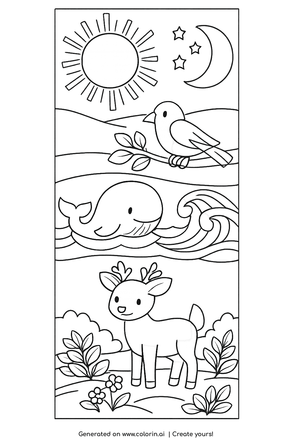 bible story coloring pages, the seven days of creation in a tall panel with sun and stars, a bird, a whale, and a deer
