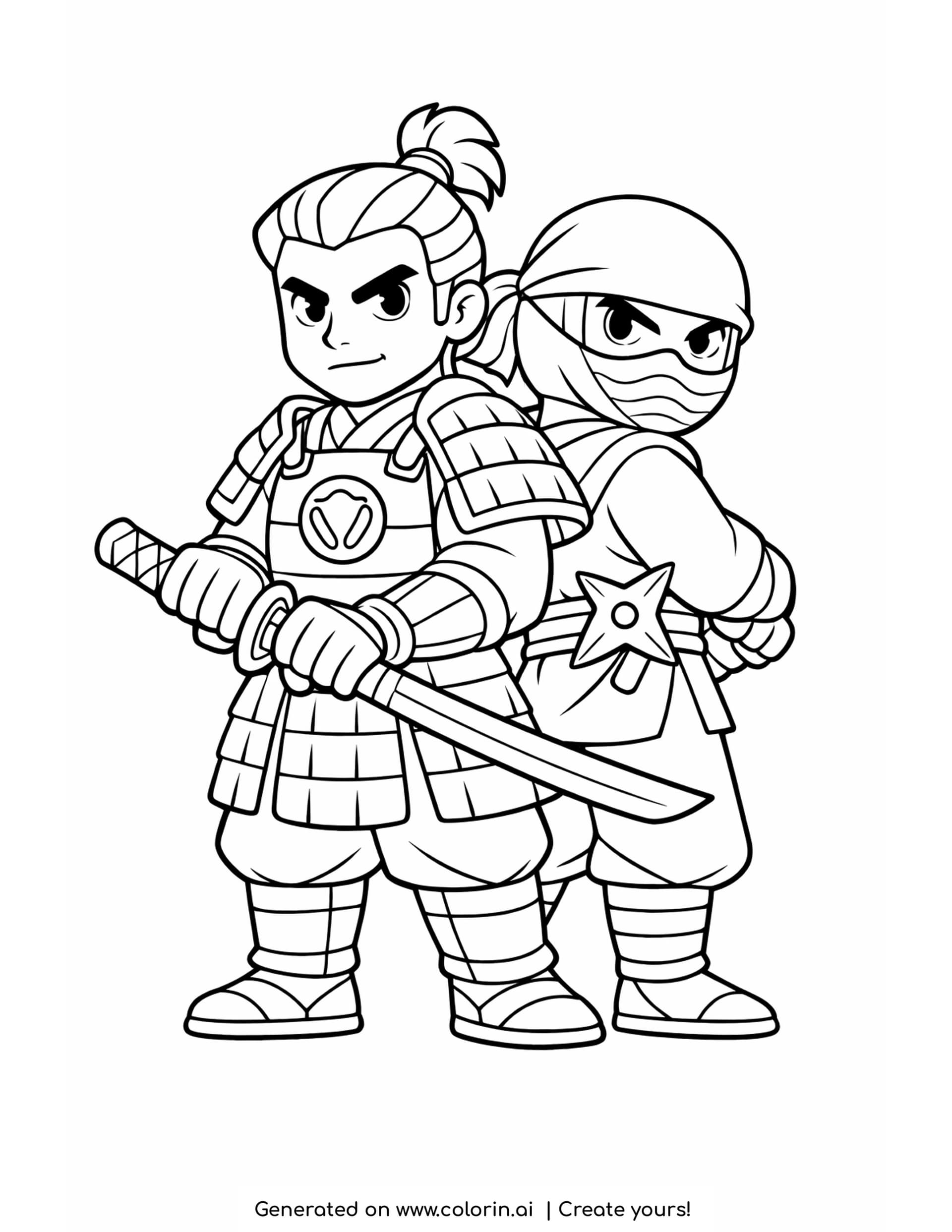samurai coloring pages - samurai in layered plate armor with a topknot standing beside a ninja with a star